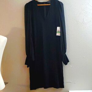 Karen Kane Black Dress Chiffon Long Sleeve V-Neck  Size L  39" Long